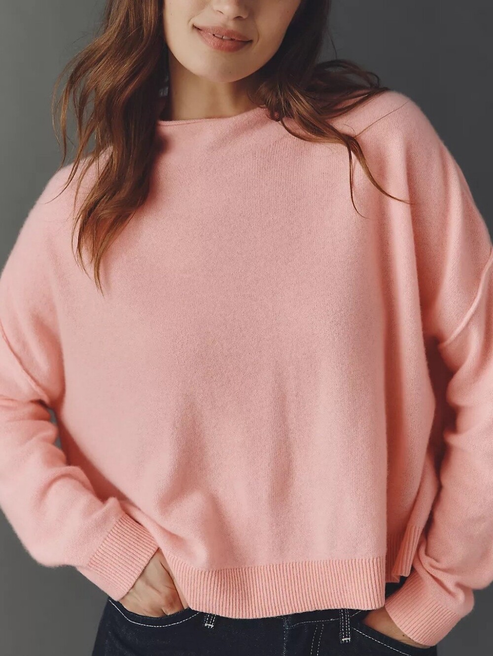 Pilcro Soft Mock Neck Cashmere Sweater in Pink Coral Crop Oversized  Small
